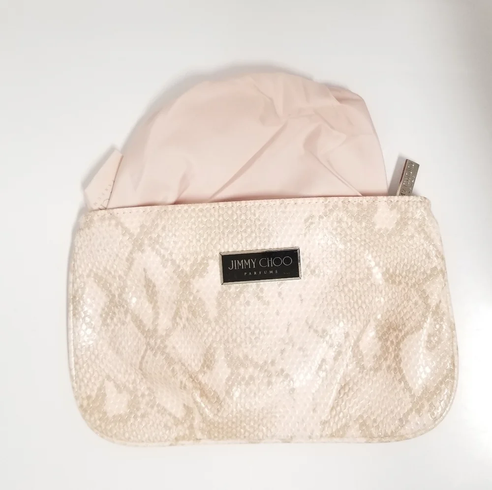 JIMMY CHOO Light Pink Snakeskin Embossed Vegan Cosmetic Clutch Bag